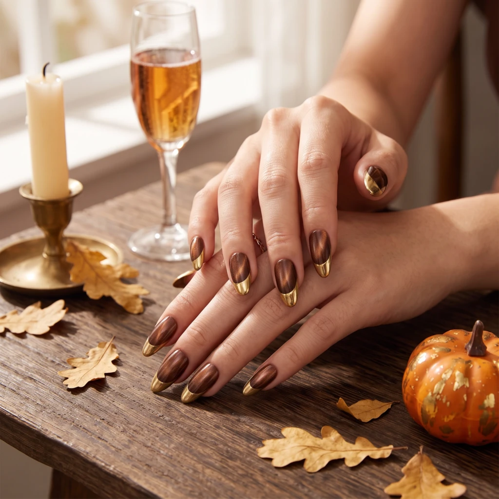Brown Cat Eye Gold Chrome French Tips, Press On Nails, Autumn Party Wear