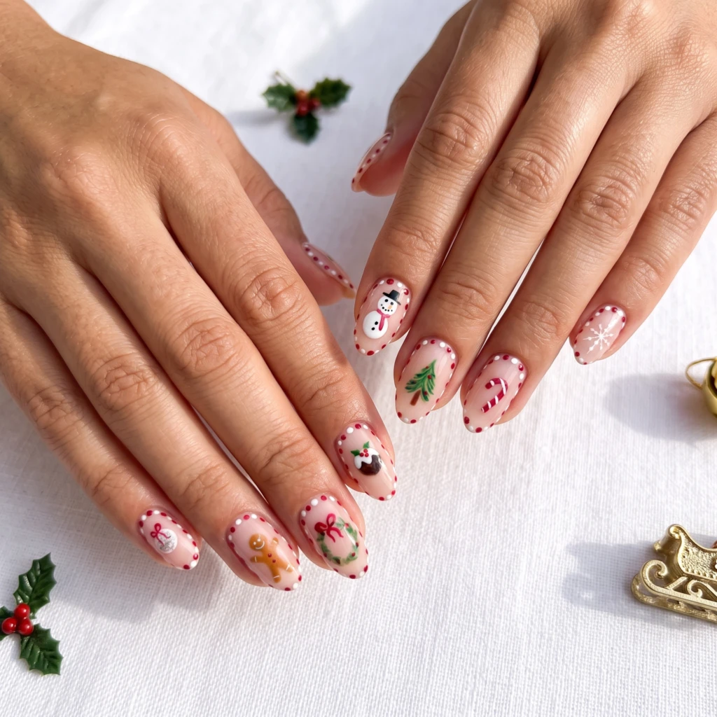 Nude Christmas Dotted Festive Art, Oval Press On Nails, Holiday Party Wear