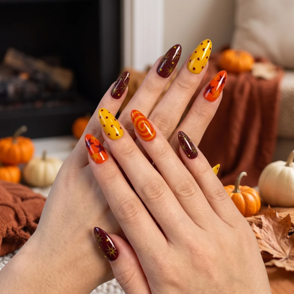 Burgundy Orange Yellow Star Swirl, Almond Press On Nails, Fall Birthday Gift