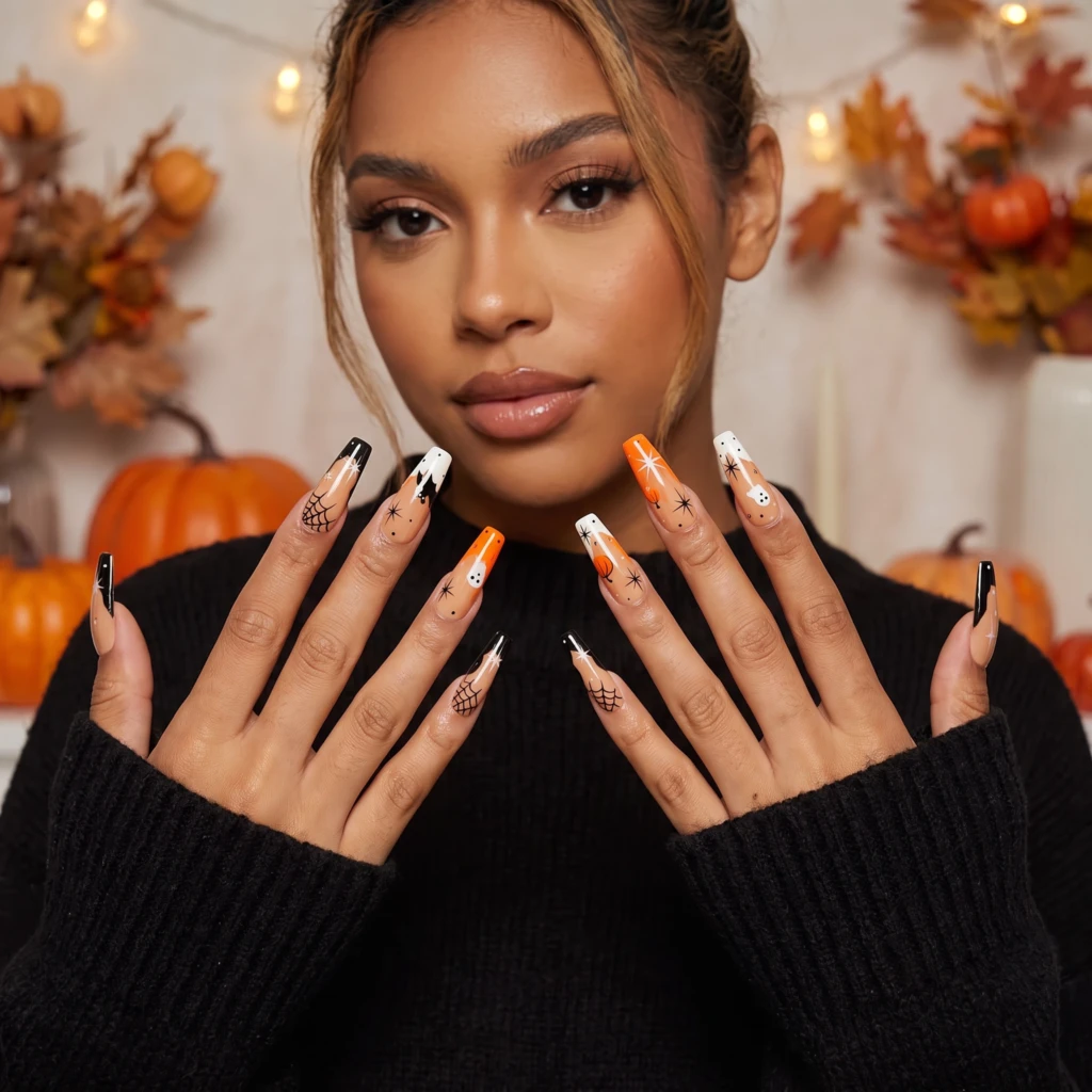 Orange And Black Ghost Pumpkin Spider Web, Coffin Nails, Halloween Party