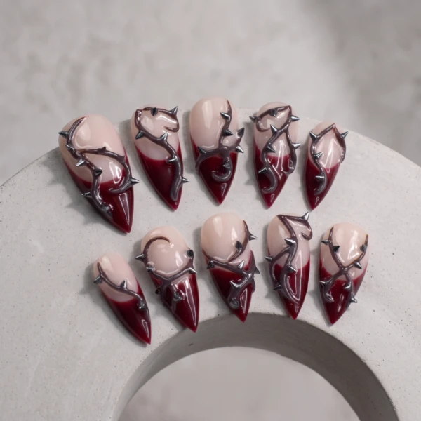 Red 3D Metallic Thorn French Tip, Stiletto Press On Nails, Halloween Cosplay