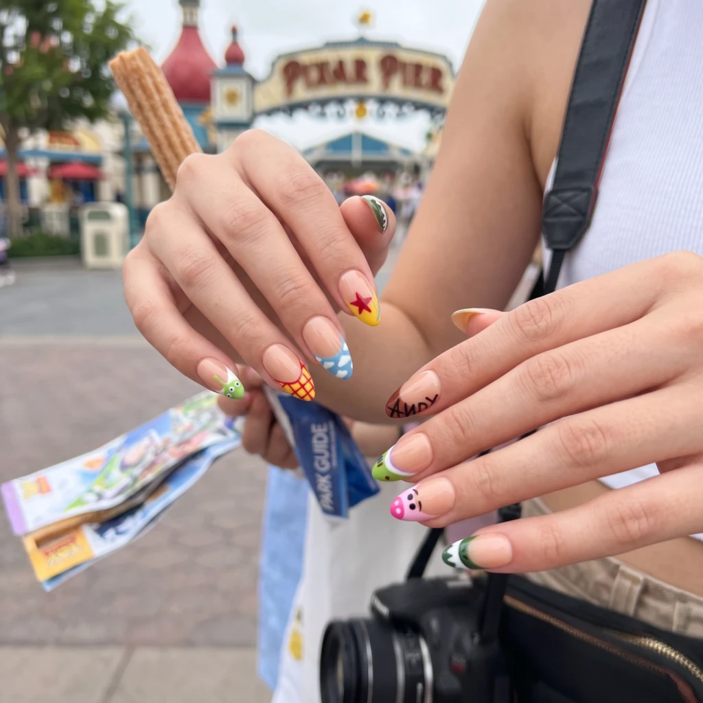 Nude Toy Story Cartoon French Tips, Almond Press On Nails, Theme Park Trip