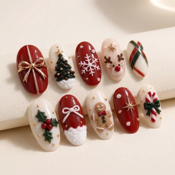 Red And White Christmas Motifs, Press On Nails Set, Winter Holiday Party