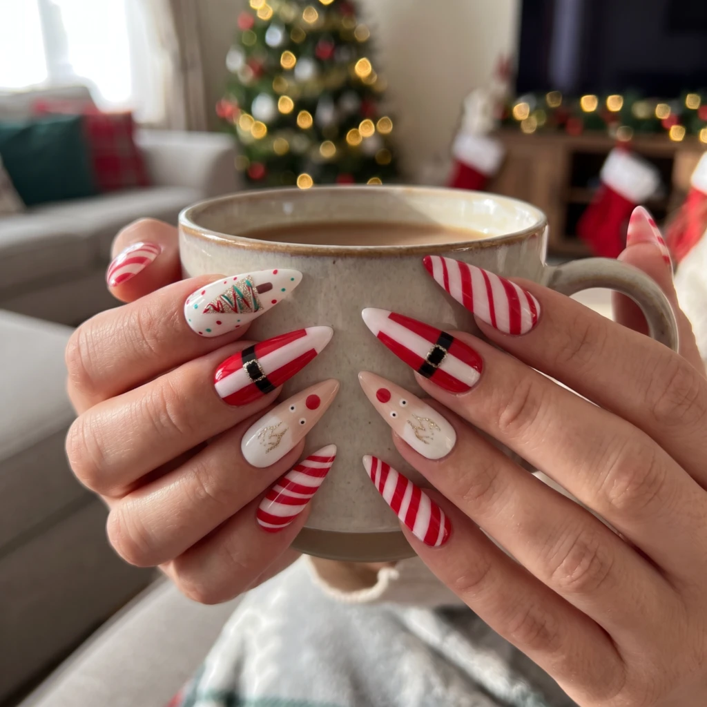 Red White Reindeer Candy Cane, Stiletto Press On Nails, Christmas Holiday Gift