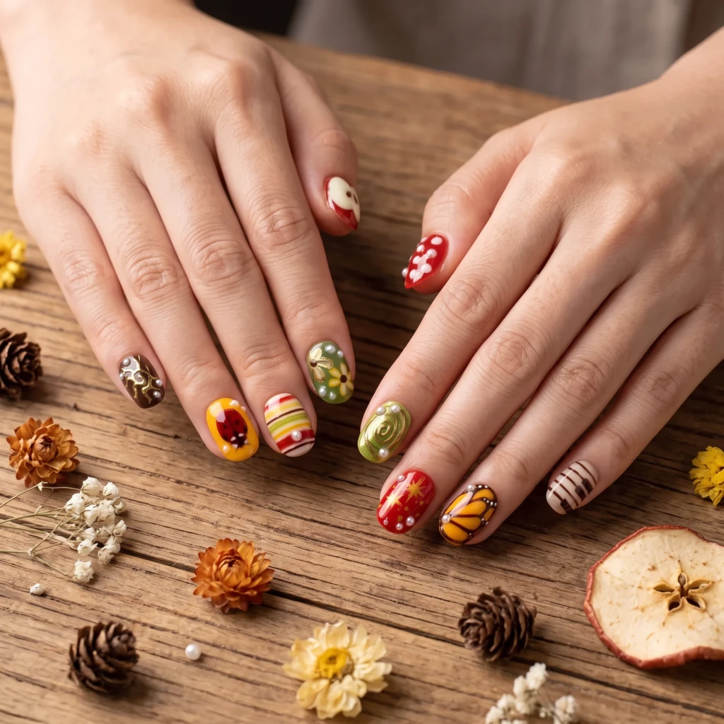 Multicolor Ladybug Apple Art, Short Oval Press On Nails, Fall Gift Idea