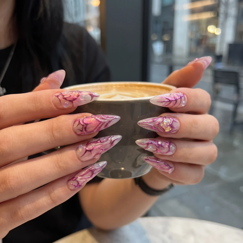 Pink 3D Chrome Heart Tribal Flame, Stiletto Press On Nails, Valentine Gift Idea