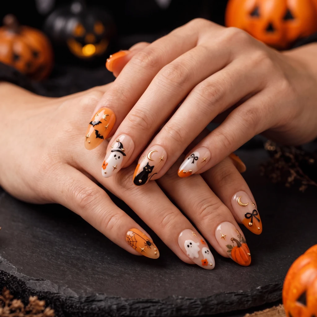 Orange Ghost Cat Pumpkin Art, Glossy Press On Nails, Spooky Halloween Party