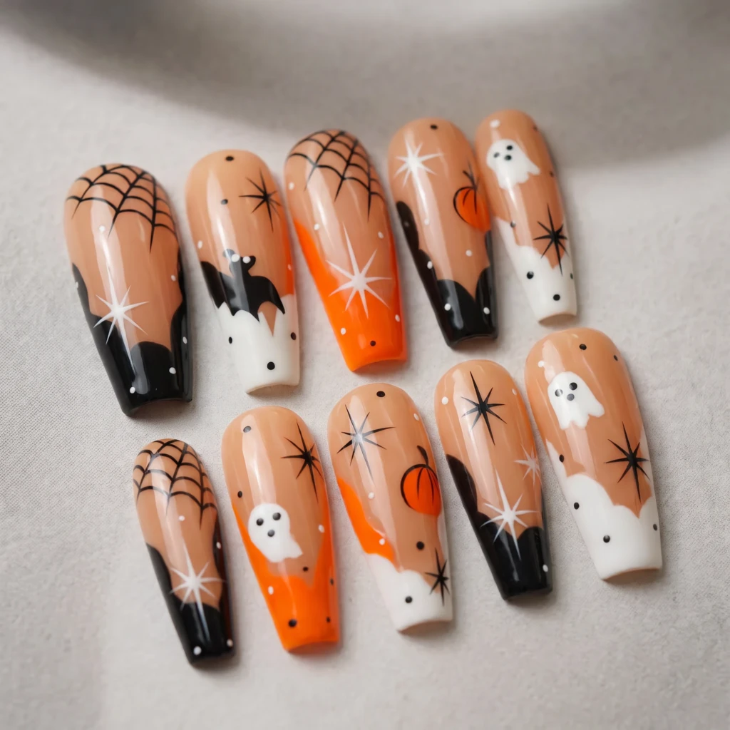 Orange And Black Ghost Pumpkin Spider Web, Coffin Nails, Halloween Party