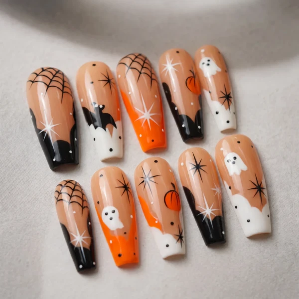 Orange And Black Ghost Pumpkin Spider Web, Coffin Nails, Halloween Party