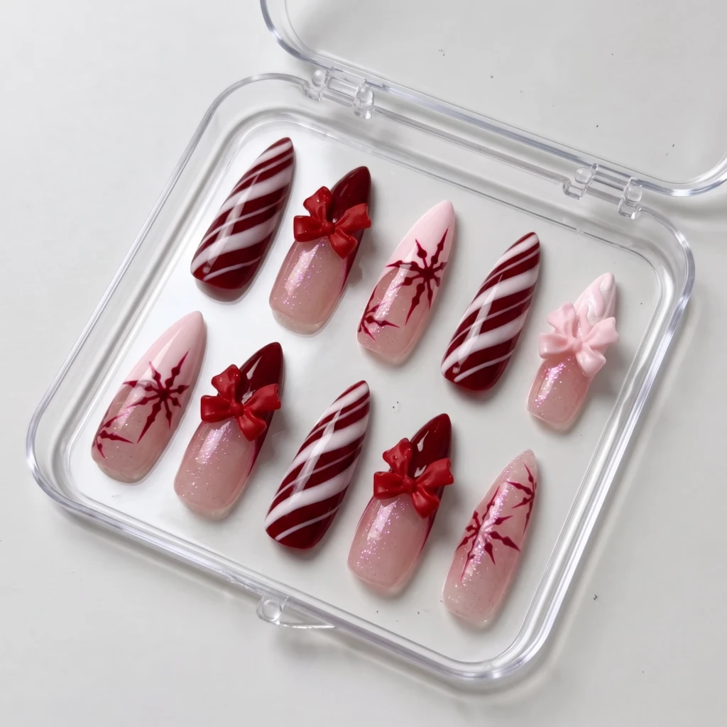 Pink And Red 3D Bow Candy Cane, Almond Press On Nails, Christmas Holiday Gift