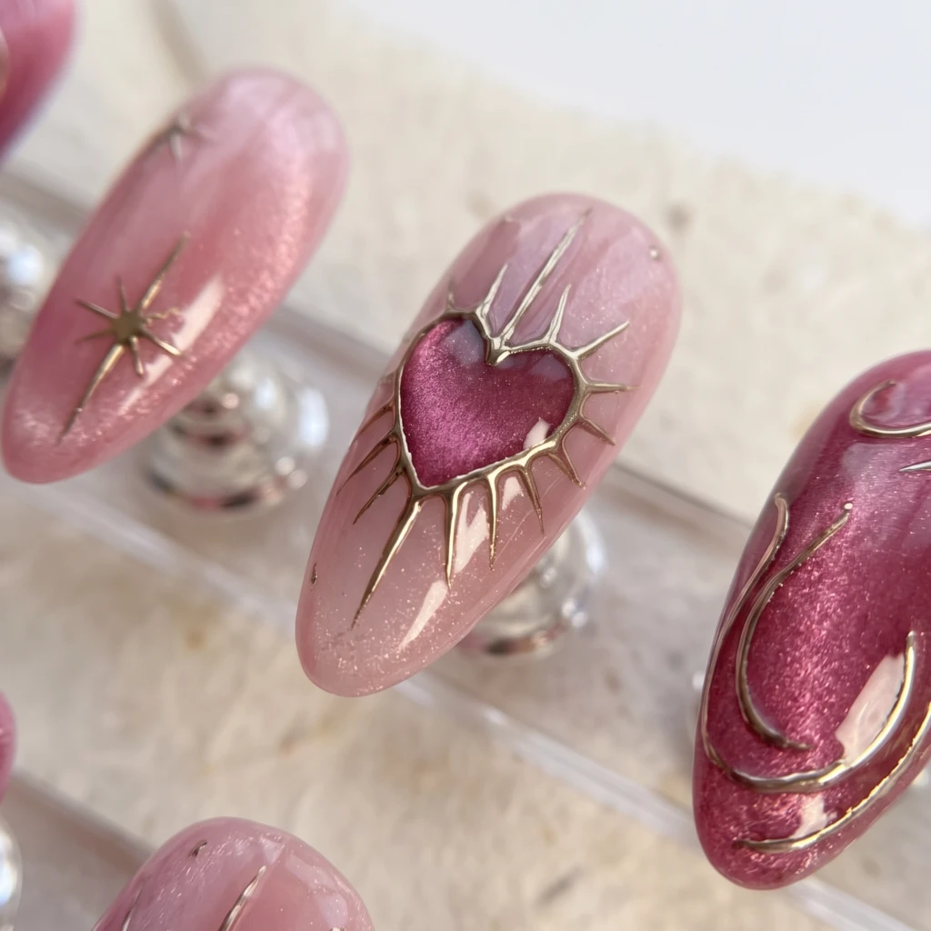 Pink Heart Cat Eye Nails, Coquette Press On Nails, Romantic Glam Manicure