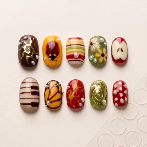 Multicolor Ladybug Apple Art, Short Oval Press On Nails, Fall Gift Idea