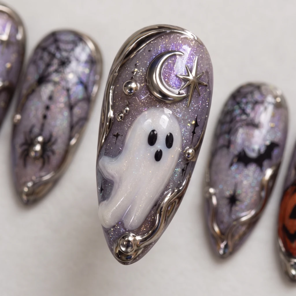 Purple Celestial Chrome Ghost Pumpkin, Stiletto Press On Nails, Halloween Party