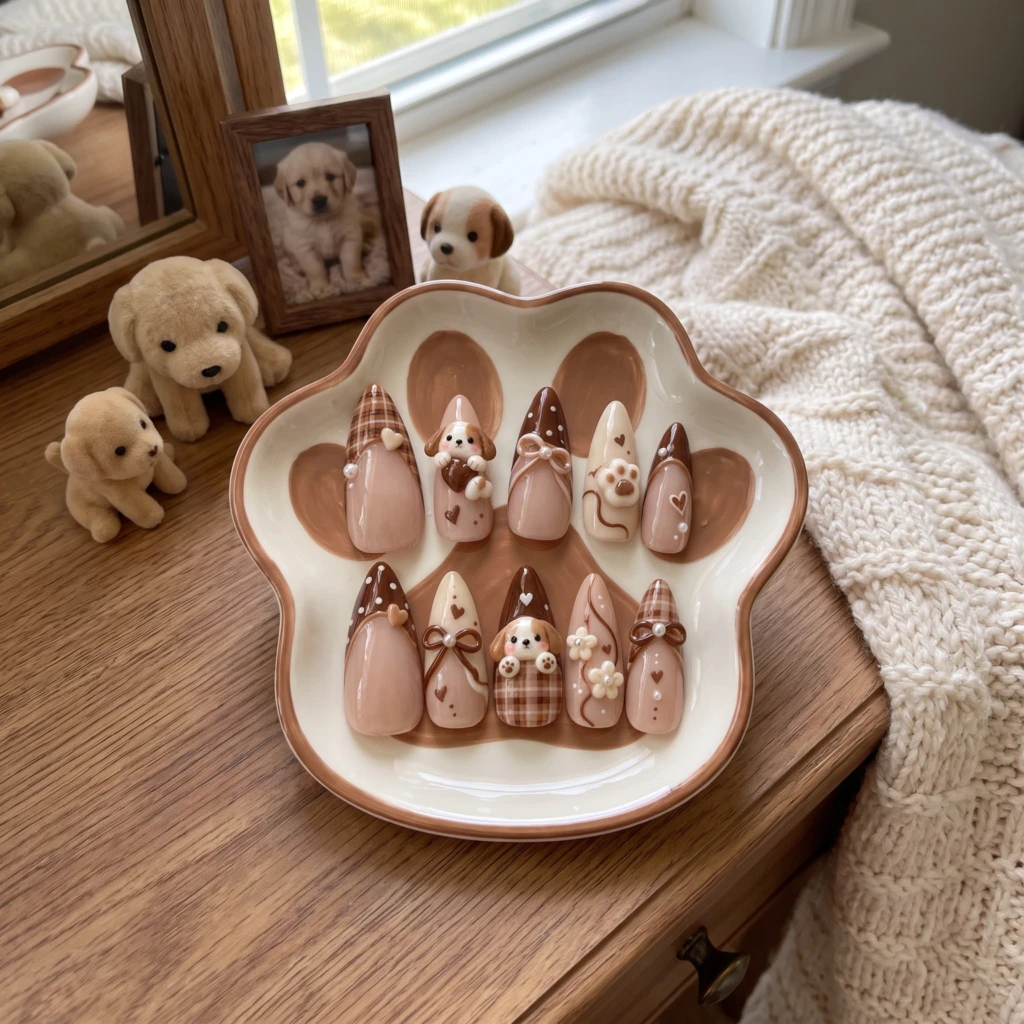 Brown 3D Puppy Plaid Bow Nails, Coquette Press On Nails, Pet Lover Gift