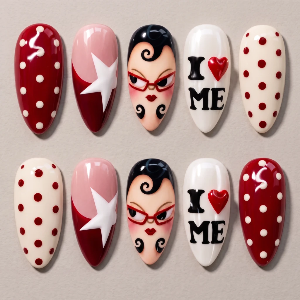 Red And White Retro Graphic Pinup Art, Press On Nails, For Everyday Fashion