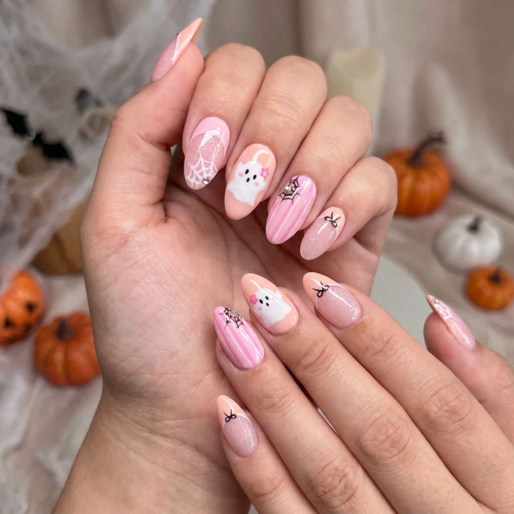 Pink Ghost And Spider Web Prints, Press On Nails, Cute Halloween Manicure