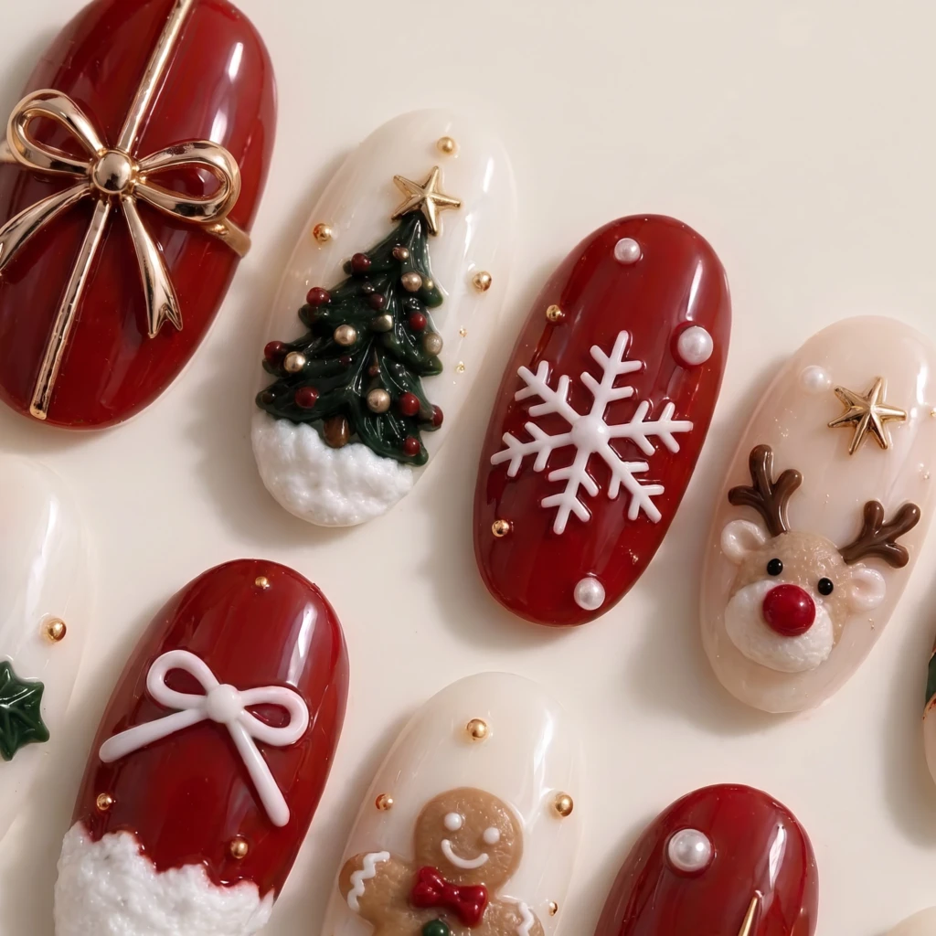 Red And White Christmas Motifs, Press On Nails Set, Winter Holiday Party