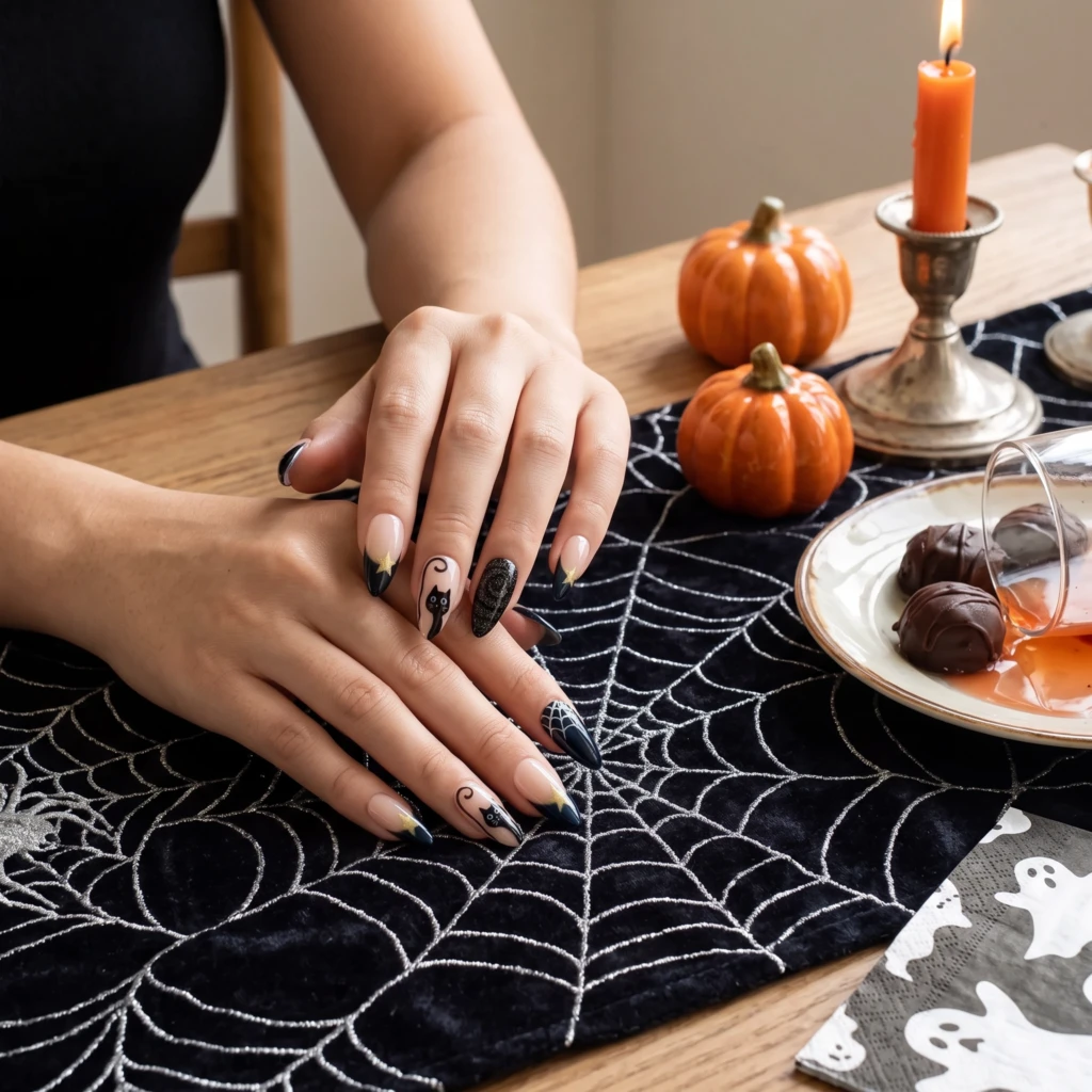 Black Cat And Spiderweb Art, Stiletto Press On Nails, Spooky Halloween Party