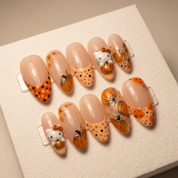 Orange 3D Kitty Pumpkin Accents, Press On Nails, Cute Autumn Daily Wear