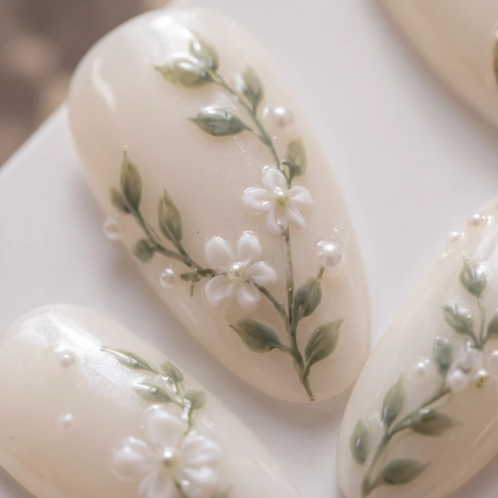 Pearl White Botanical Leaf Floral Art, Press On Nails, Bridal Wedding Look