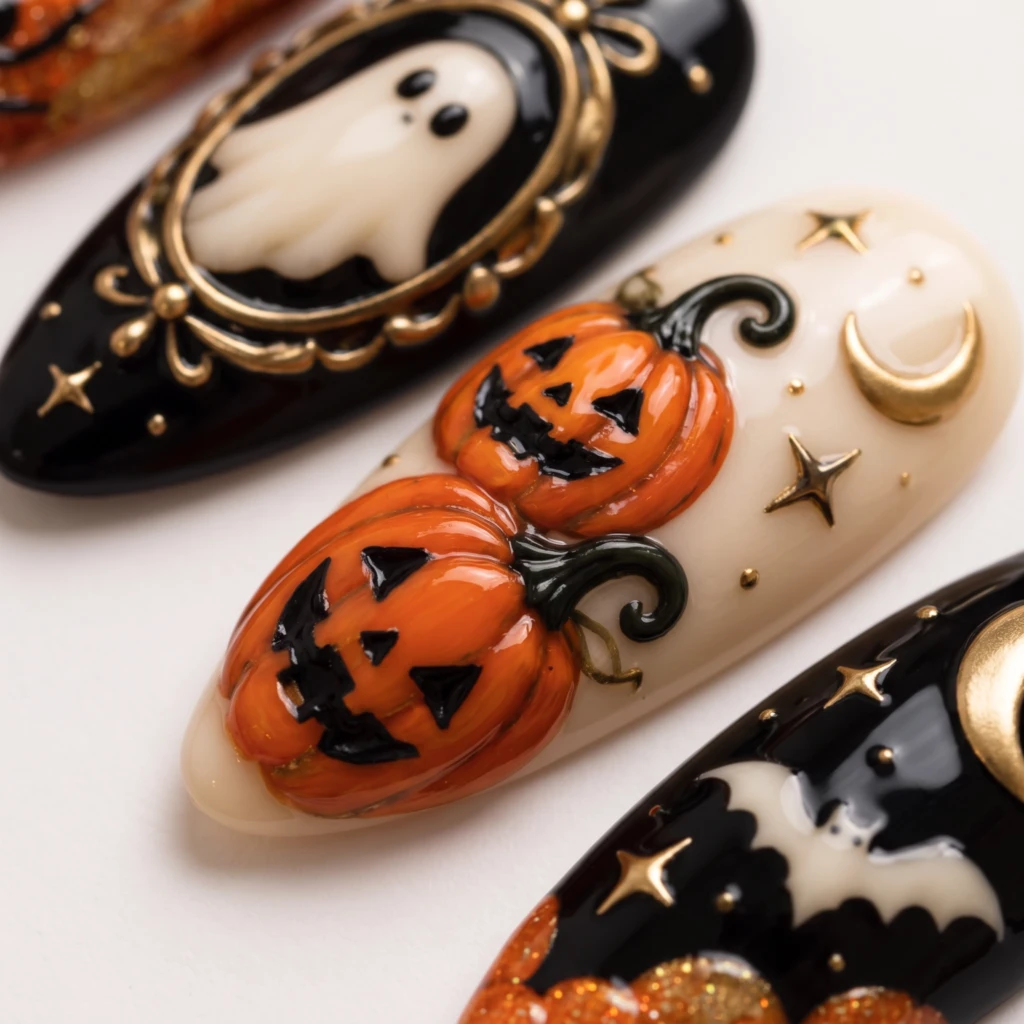 Orange And Black Ghost Pumpkin Art, Press On Nails, Spooky Halloween Party