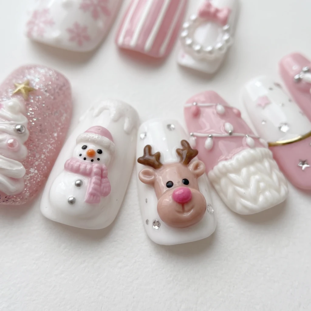 Pastel Pink Reindeer Snowman Nail Art, Press On Nails, Christmas Holiday Set