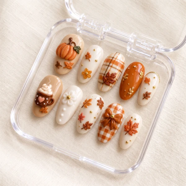 Orange 3D Pumpkin Maple Plaid, Almond Press On Nails, Fall Autumn Manicure