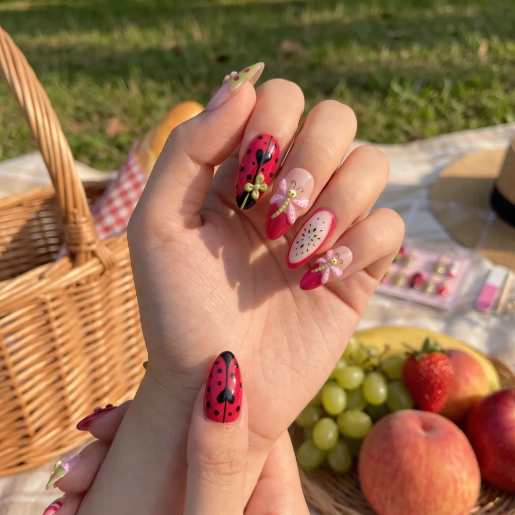 Pink Ladybug And Dragonfly, Almond Press On Nails, Summer Picnic Gift Idea