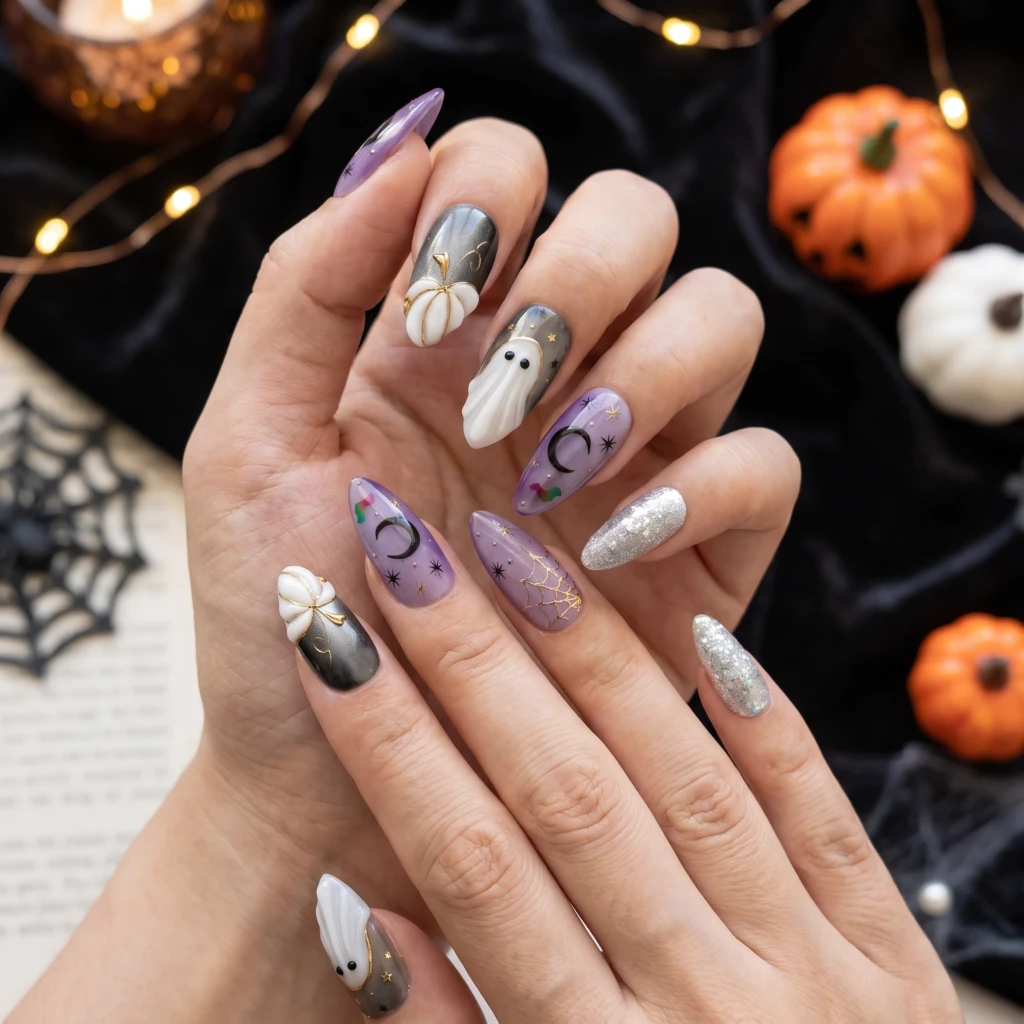 Purple Ghost And Pumpkin, Almond Press On Nails, Spooky Halloween Party