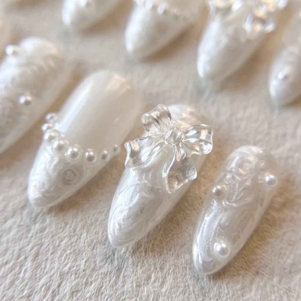 Pearl White 3D Bow And Pearls, Almond Press On Nails, Elegant Bridal Wedding