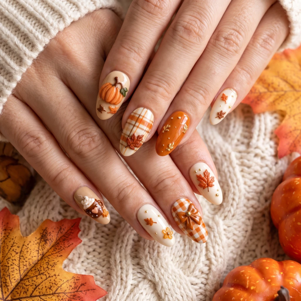 Orange 3D Pumpkin Maple Plaid, Almond Press On Nails, Fall Autumn Manicure