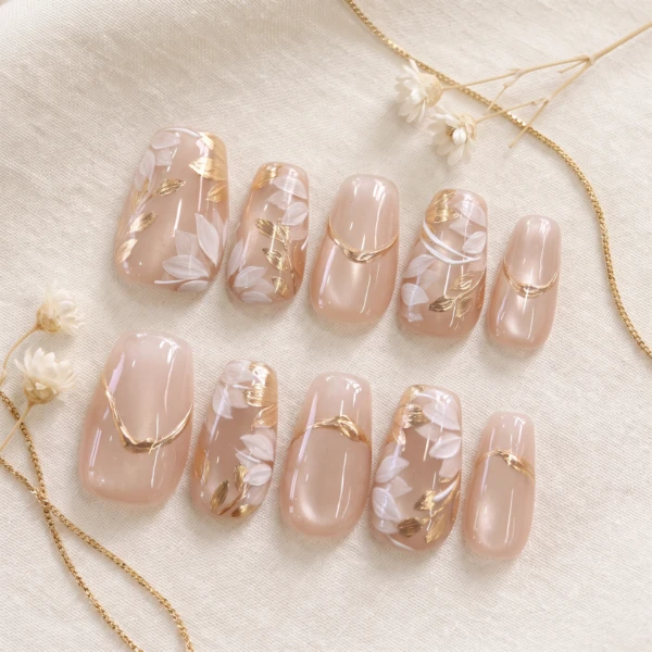 Nude Cat Eye Gold Leaf Floral Art, Coffin Press On Nails, Elegant Wedding Gift