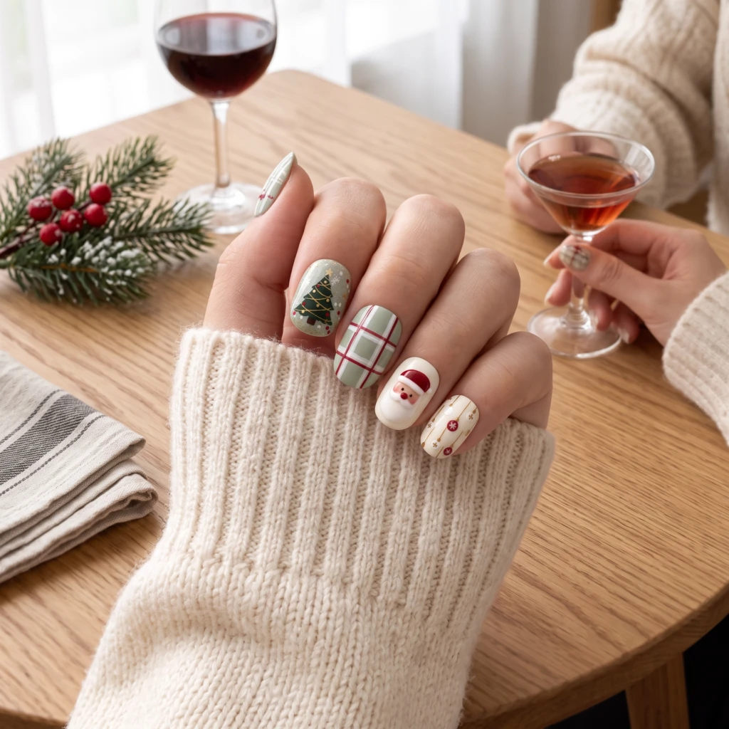 Sage Green Plaid Santa Christmas Tree, Short Press On Nails, Holiday Party