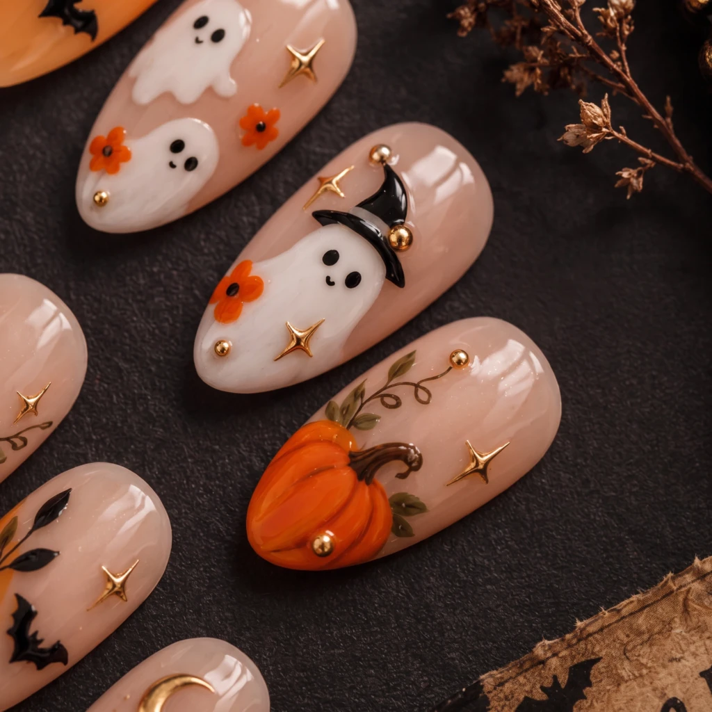 Orange Ghost Cat Pumpkin Art, Glossy Press On Nails, Spooky Halloween Party