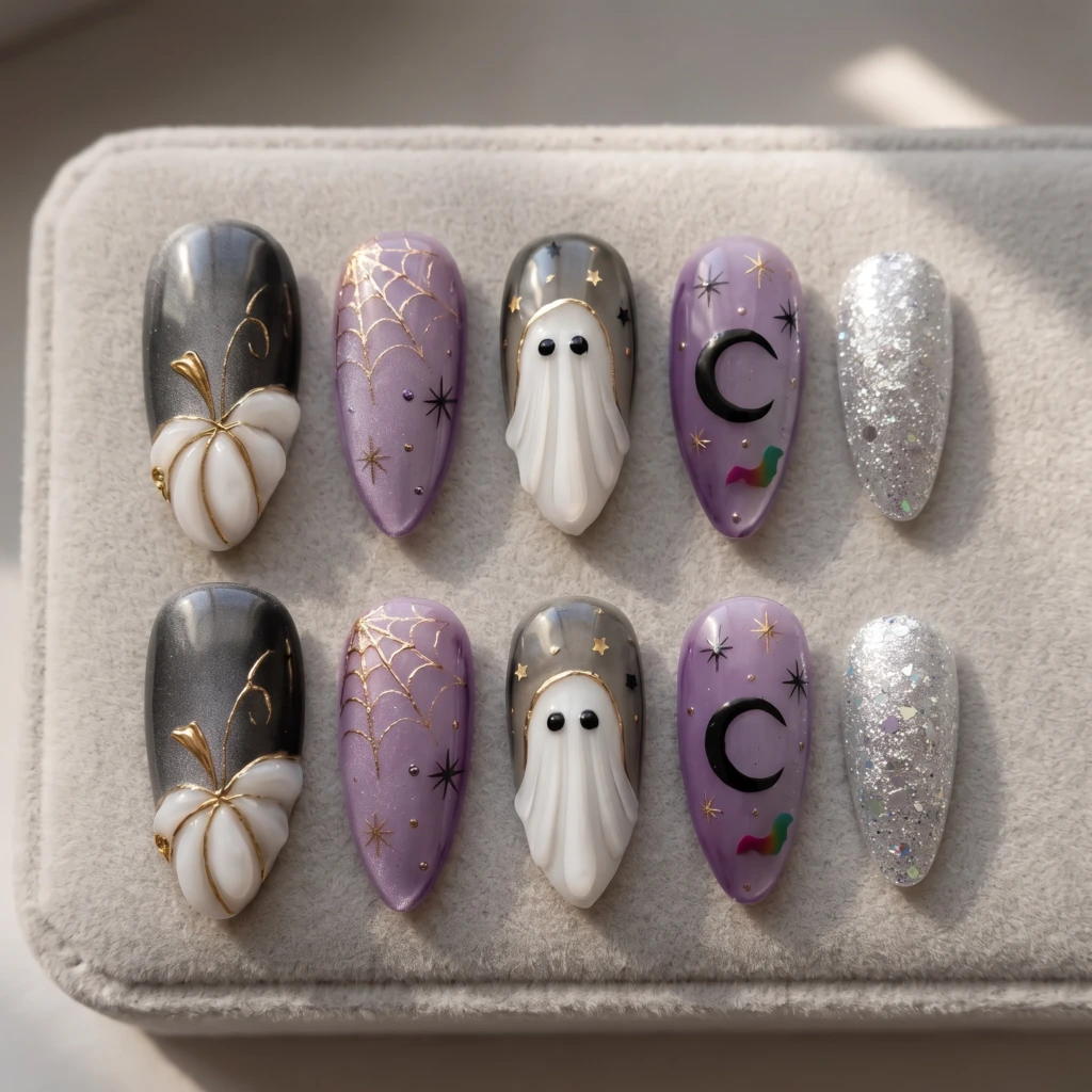 Purple Ghost And Pumpkin, Almond Press On Nails, Spooky Halloween Party