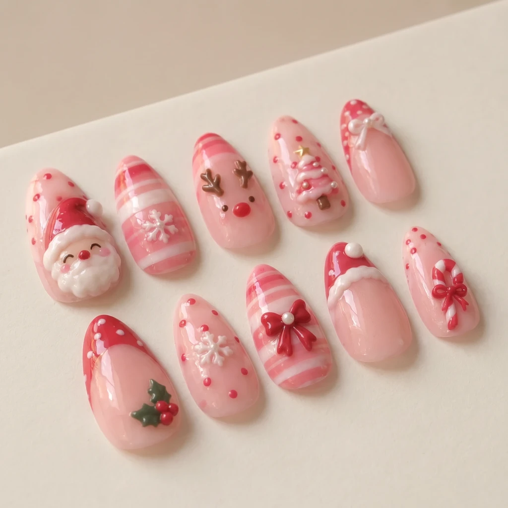Pink Santa And Reindeer Art, Handmade Press On Nails, Festive Christmas Gift
