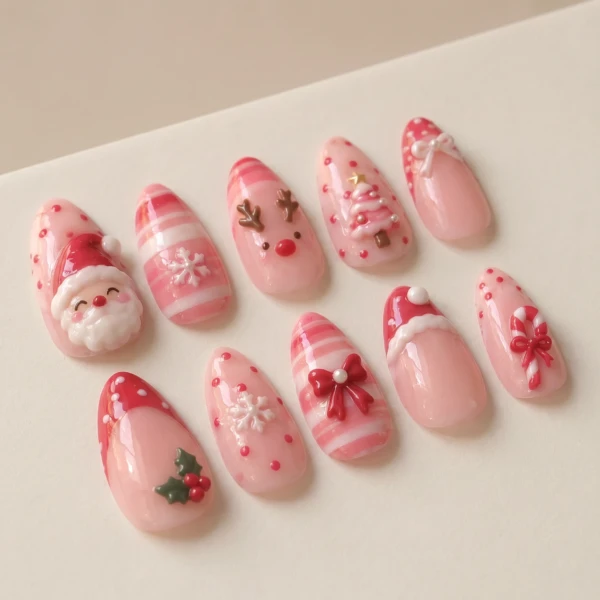 Pink Santa And Reindeer Art, Handmade Press On Nails, Festive Christmas Gift