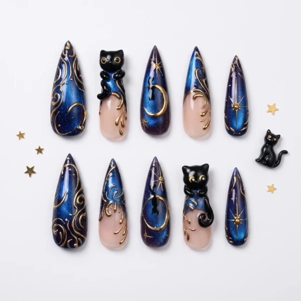 Midnight Blue 3D Black Cat Galaxy, Stiletto Press On Nails, Halloween Party