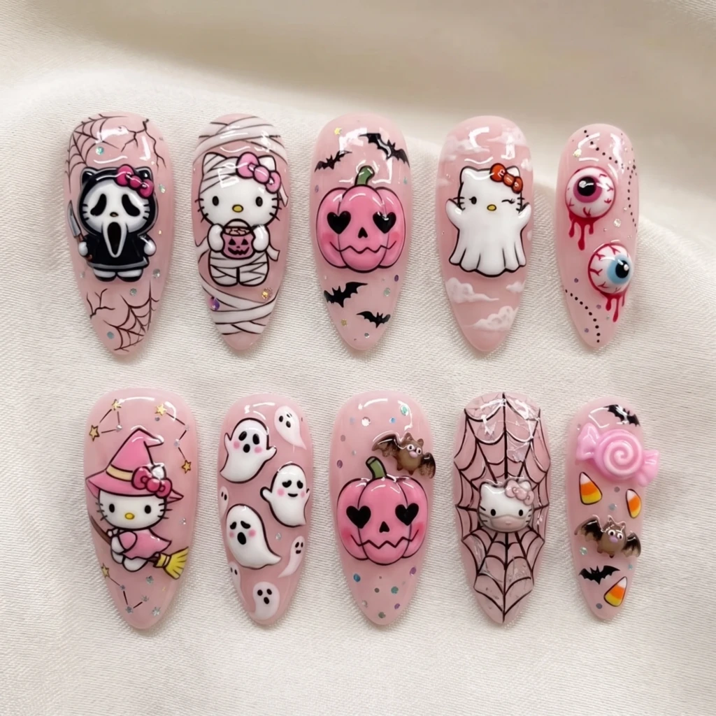 Pastel Pink 3D Hello Kitty Spooky Art, Press On Nails, Halloween Party Wear