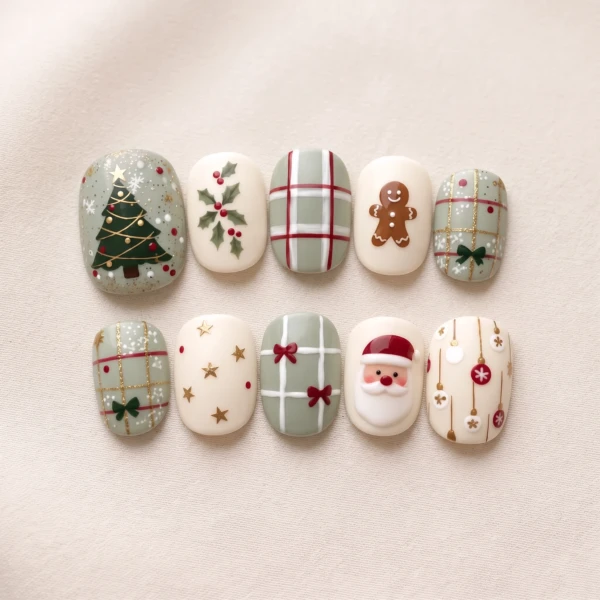 Sage Green Plaid Santa Christmas Tree, Short Press On Nails, Holiday Party