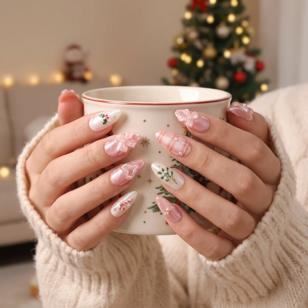 Pink Christmas Bow And Plaid Art, Cat Eye Press On Nails, Holiday Manicure