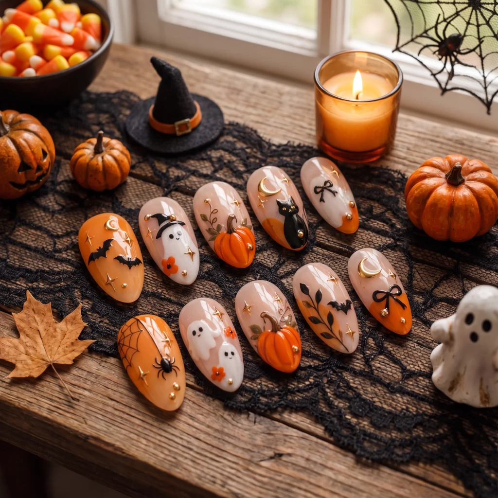 Orange Ghost Cat Pumpkin Art, Glossy Press On Nails, Spooky Halloween Party