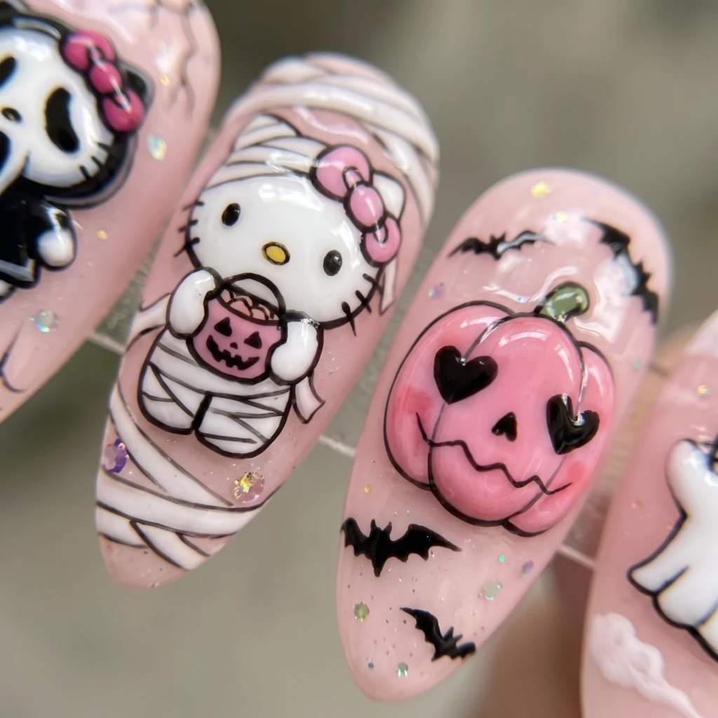 Pastel Pink 3D Hello Kitty Spooky Art, Press On Nails, Halloween Party Wear