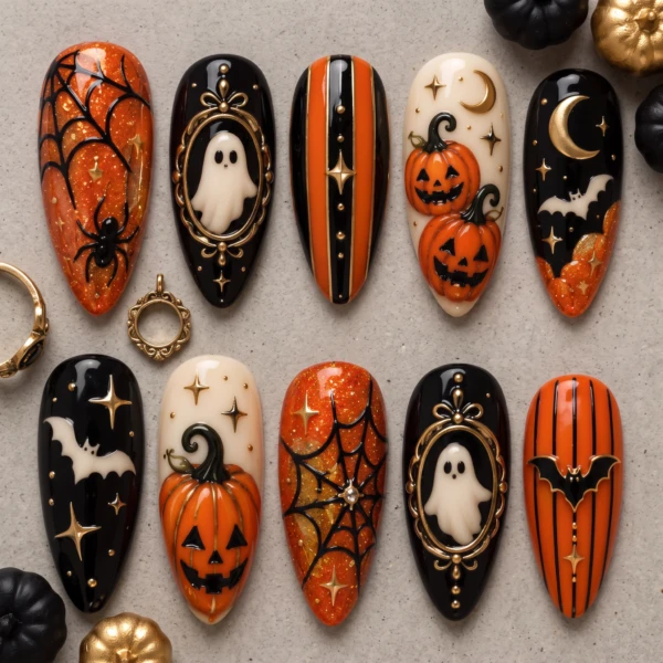 Orange And Black Ghost Pumpkin Art, Press On Nails, Spooky Halloween Party
