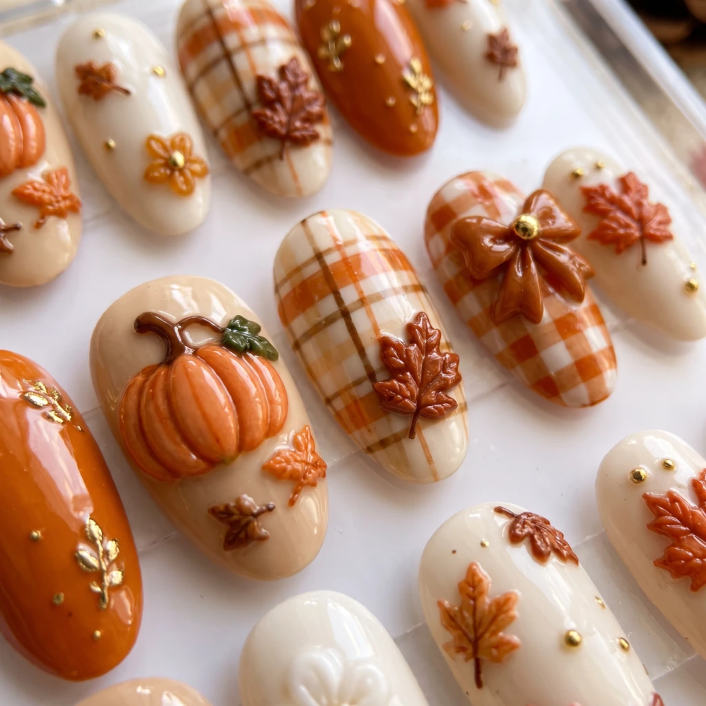 Orange 3D Pumpkin Maple Plaid, Almond Press On Nails, Fall Autumn Manicure
